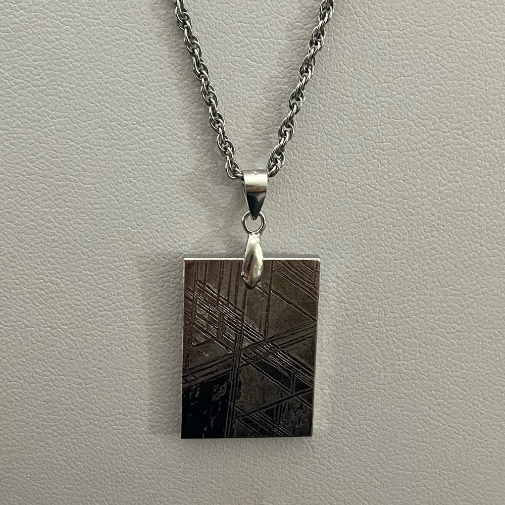 Natural Muonionalusta Meteorite FreeSize Rectangular Silver Pendant 925 Unisex